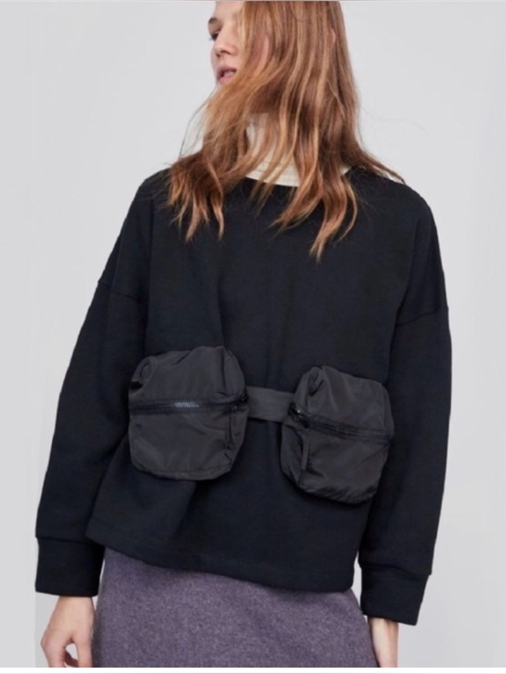 ZARA Black Crewneck Pullover with Front Utility Pockets size large